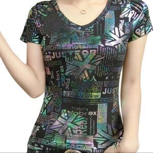 Stylish Holographic V Neck Short Sleeve Top NEW